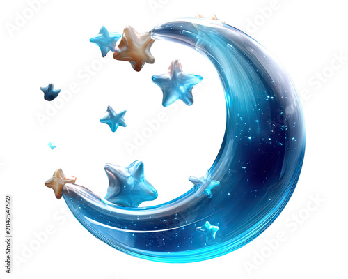 Crescent Moon with Stars: A stylized crescent moon, rendered in shimmering blue hues, is adorned with a scattering of celestial stars, evoking a dreamlike and magical night sky.