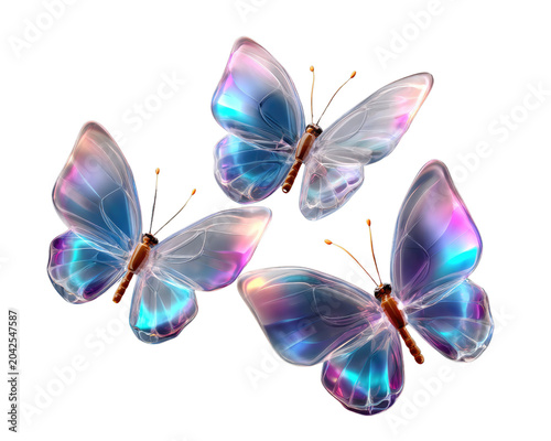 Iridescent Butterflies in Flight: Three ethereal butterflies with shimmering, translucent wings, displaying a spectrum of iridescent blues, pinks, and purples, dance gracefully through the air.