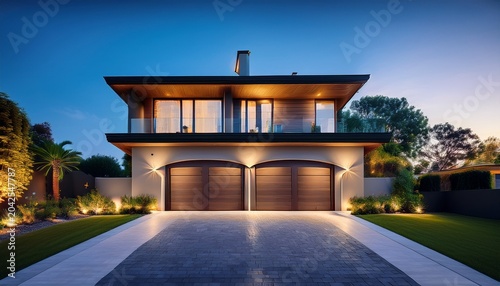 luxury modern house with illuminated driveway at twilight for high end real estate