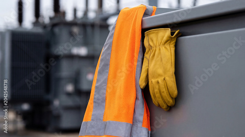 Protective vest and leather glove hanging on electrical transformer at substation. Industrial power equipment maintenance and safety gear for technician. Power grid engineering site.