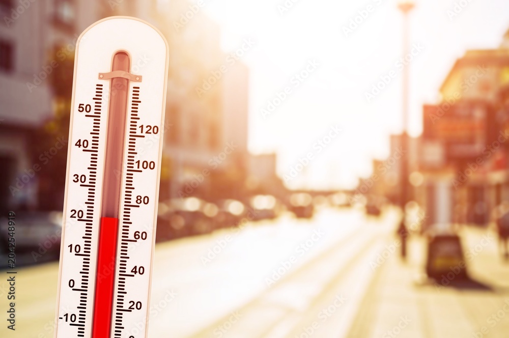 Fototapeta premium Thermometer on city street - Room Temperature concept