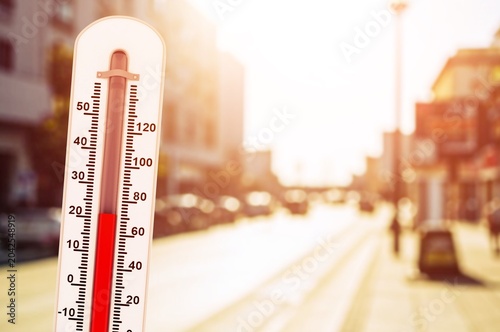 Thermometer on city street - Room Temperature concept