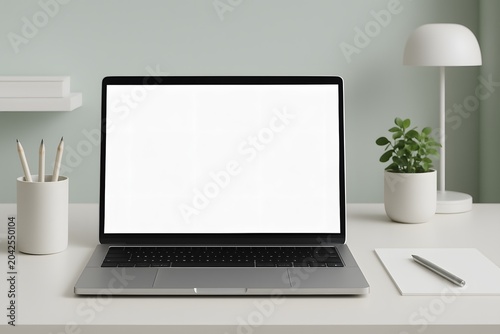 Open laptop with a blank white screen on a clean white desk with sage