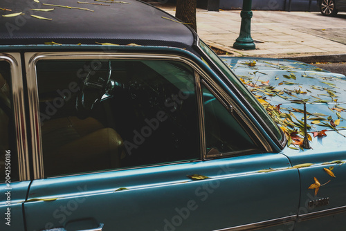 Obraz na plátně A detailed side view of a classic car showing the steering wheel, Classic badging, and a scattering of fallen leaves on the cowl
