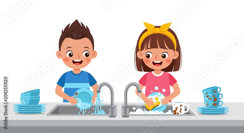 Photos Kids doing dishes, cartoon children washing plates and cups, kitchen sink scene,