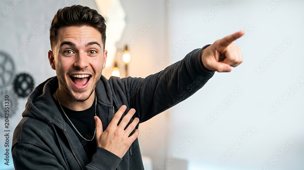 Naklejka premium Excited Man Pointing at Amazing Discovery With Huge Smile