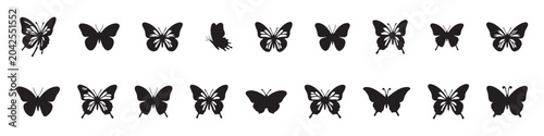 Vector set of nine black silhouette illustrations of butterflies in various wing positions, including open and fluttering. Represents nature, insects, beauty, and simple graphic elements.