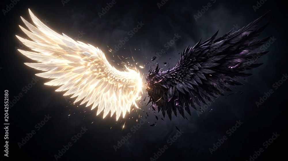 Obraz premium Glowing white angel wing facing dark black demon wing. Symbolic battle of good and evil conflict. Spiritual duality concept representing light and shadow struggle in abstract artistic style.