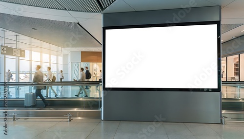 Large blank billboard inside a modern international airport terminal.