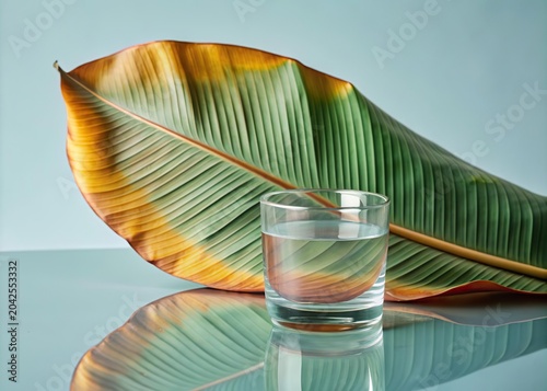 Vibrant Banana Leaves With Water Glass Reflections on a Smooth Surface Create a Tropical Aesthetic