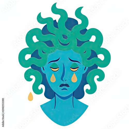 Medusa Gorgon Shedding Holographic Tears in a Mythical Art Representation