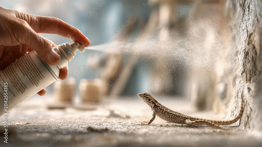 Fototapeta premium A person spraying water mist on a small lizard on a textured surface