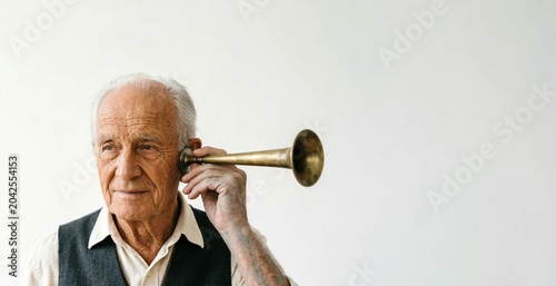 An old man with a hearing trumpet standing in a minimalist studio with copy space