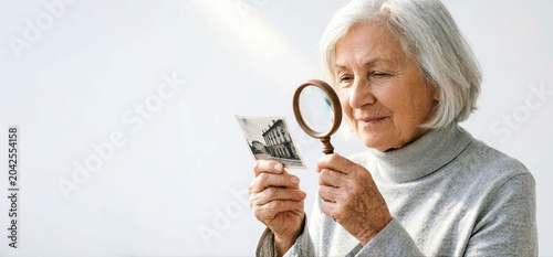 Elderly woman examining reverse side of photograph with magnifying glass (copy space)