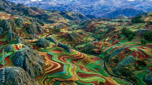 Aerial view of colorful agricultural terraces in mountain valley