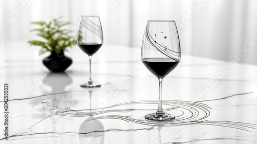 Two stemmed glasses filled with red wine sit on a light marble tabletop. Soft indoor lighting and smooth reflections create an elegant, abstract pattern across the surface, with a blurred potted plant