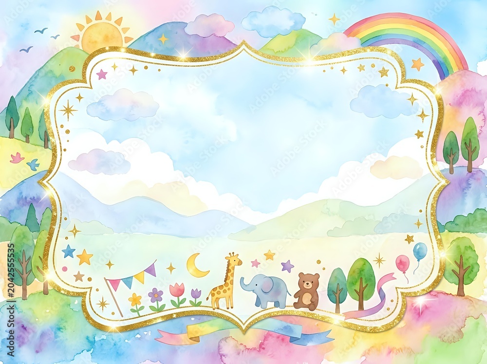 Fototapeta premium Watercolor pastel rainbow landscape with cute animals, gold frame, stars, and clouds. Cheerful kids background for cards, invitations, or nursery prints.