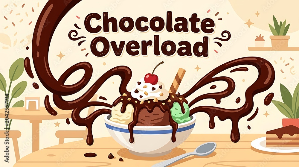 Fototapeta premium Flat illustration of hot fudge sauce drizzle, text “Chocolate Overload”