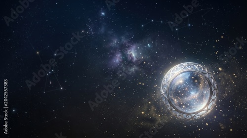Ornate crystal sphere floating in deep space, cosmic energy and spiritual divination, conceptual background for esoteric self-discovery and meditation