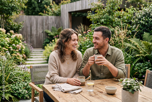 young couple relaxing in their garden at home