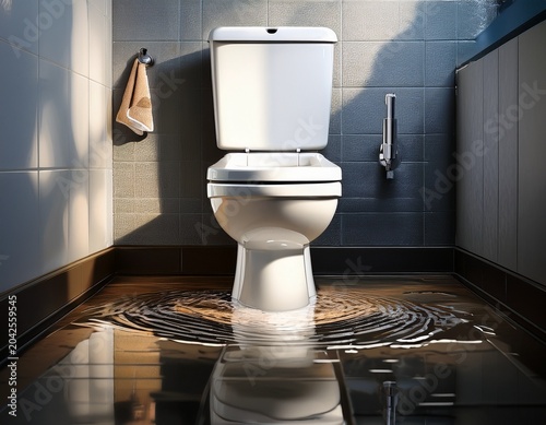 white toilet with water puddle on bathroom