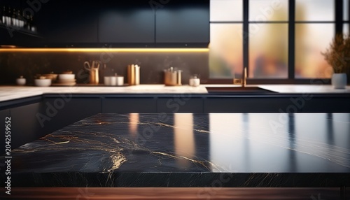 modern empty dark marble table top or kitchen island on blurry bokeh kitchen room interior background for montage product display digital ai art