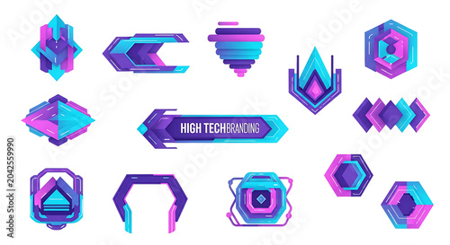 Futuristic neon tech shapes icons.