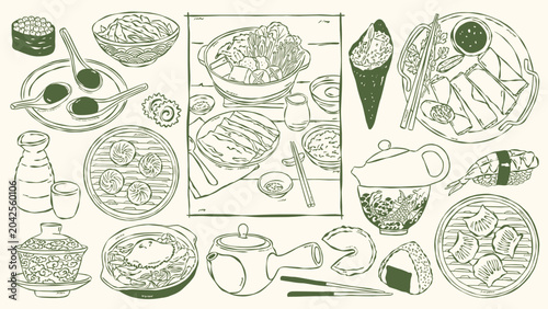 Hand-drawn green line art set of Asian dishes