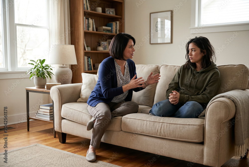 Fototapeta premium Mother and teenage daughter having serious conversation on living room sofa