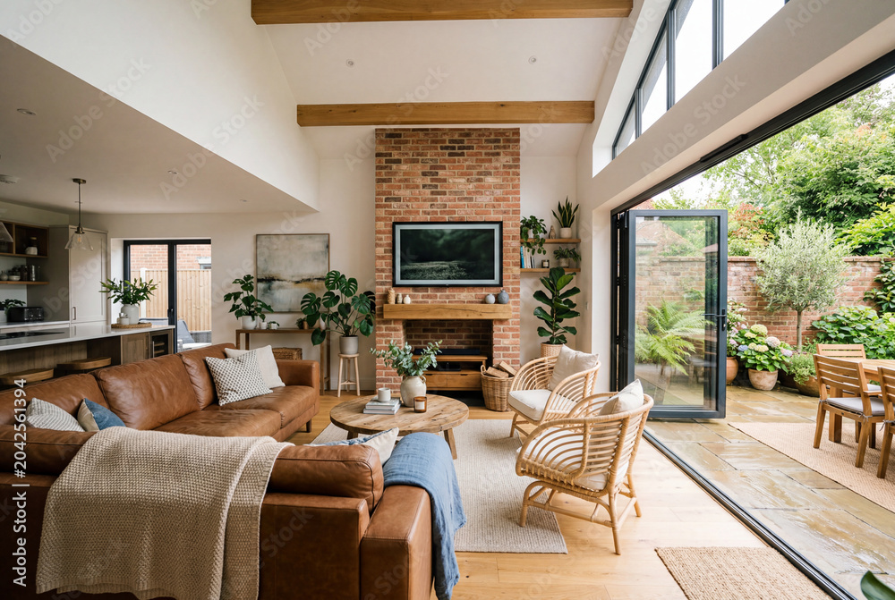 Naklejka premium Modern open plan living room with leather sofa brick fireplace and glass doors to garden