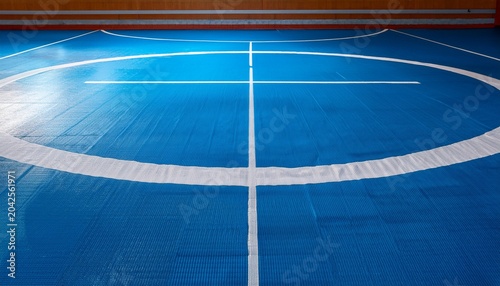 empty wrestling mat blue white circular markings combat sports surface athletic competition floor grappling area visualization with copy space