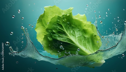 fresh lettuce leaf floating with water droplets minimalist food ingredient