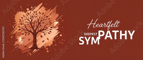 Deepest sympathy card banner background with watercolor tree graphic offering comfort and condolences for funeral memorial services in soft brown and rust tones representing peace and memory.