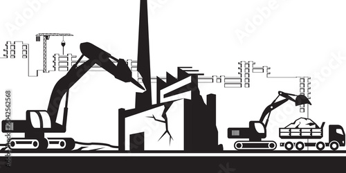 Demolition of old industrial buildings - vector illustration