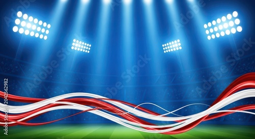 Soccer stadium with overhead light beams and lower ribbon waves