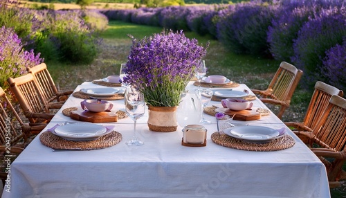 elegant outdoor dining table with lavender centerpiece in provence garden relaxation