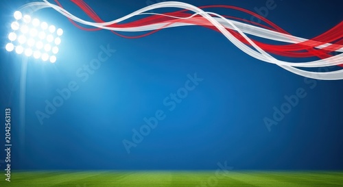 Football field background with floodlight tower and red white ribbons at top