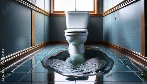 water leaking from toilet flooding bathroom floor with puddle