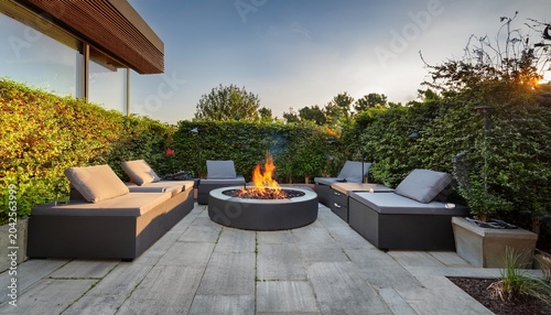 a modern concrete patio with a fire pit lounge chairs and a surrounding garden