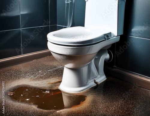 leaking toilet with water puddle