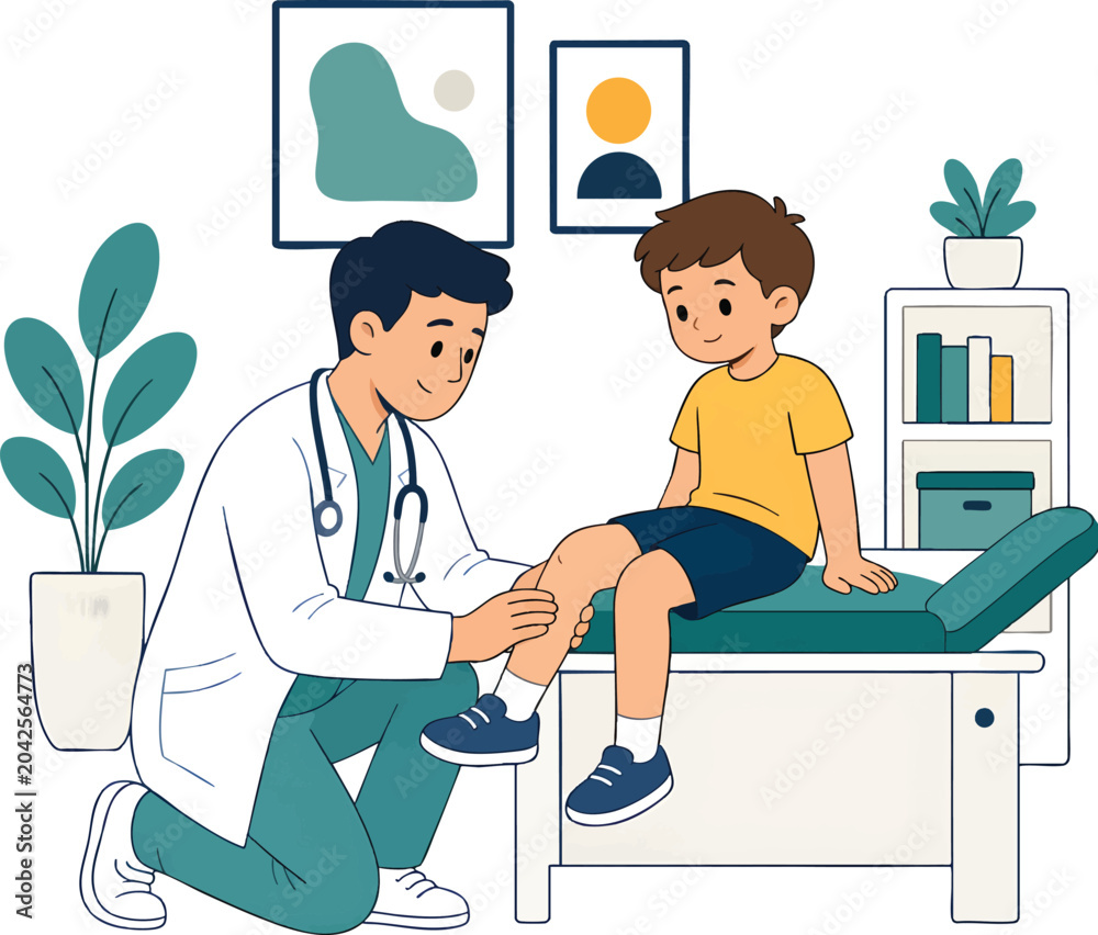 Fototapeta premium Doctor examining a young boys leg in a medical setting.