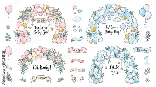 Cuadro en lienzo Baby Shower Balloon Arches and Decorations - Pink, Blue, Gold