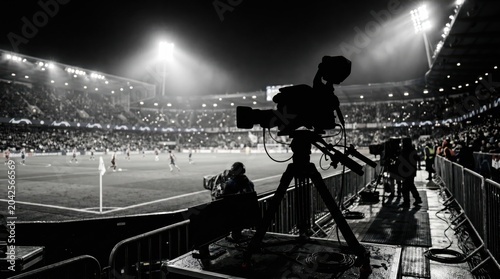 Television broadcast camera beside soccer stadium field at night