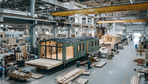 Workers build modular homes indoors. Prefabricated buildings assemble on factory floor. Modern housing units made with efficiency and planning. Industrial construction process is clean and organized