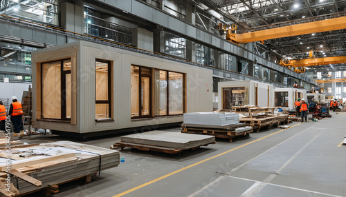 Workers build modular homes indoors. Prefabricated buildings assemble on factory floor. Modern housing units made with efficiency and planning. Industrial construction process is clean and organized