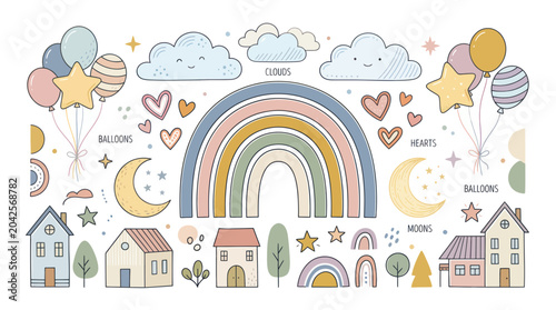 Schilderij op canvas Boho Rainbow, Clouds, Moon, Stars, Balloons, Houses - Kids Nursery Decor Element