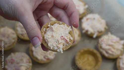 Delicious Appetizer Tartlet Filling Hand Filling Mini Shells With Creamy Food Spread