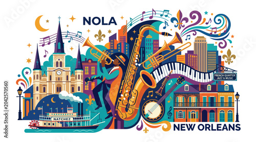 Cuadro en lienzo New Orleans Jazz Festival Celebration with Saxophone, Trumpet, Banjo, and Paddle