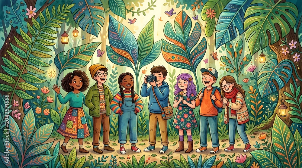 Fototapeta premium Diverse Kids Exploring Lush Jungle, Nature Adventure, Photography, Friendship
