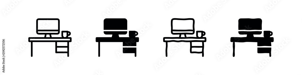 Fototapeta premium Workspace Desk Icon Set with Computer Monitor and Coffee Mug